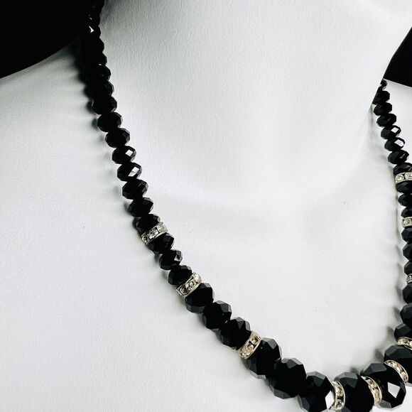 Glamorous Necklace Glass Black Faceted Graduated Beads Rhinestone Gold Tone 4403 - Picture 4 of 13